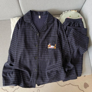 Embroidery Dog Vintage Plaid 2 Piece Suit Pyjama Femme Korean Style Casual Soft Fashion Women's Pajamas Autumn New Sleepwear