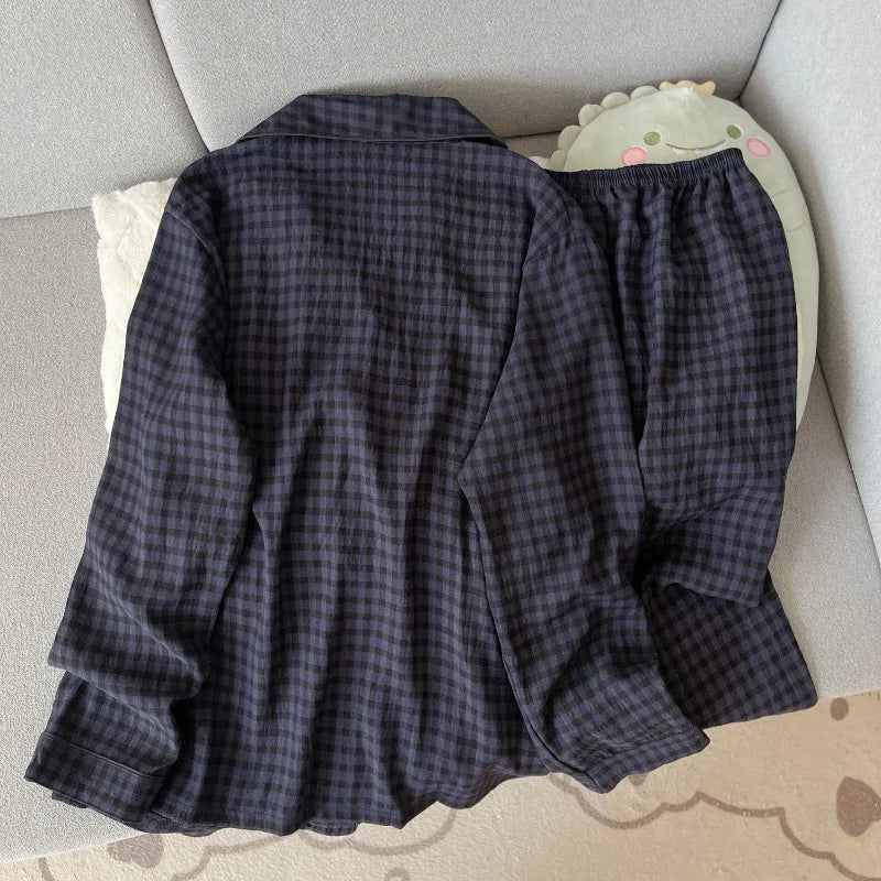Embroidery Dog Vintage Plaid 2 Piece Suit Pyjama Femme Korean Style Casual Soft Fashion Women's Pajamas Autumn New Sleepwear